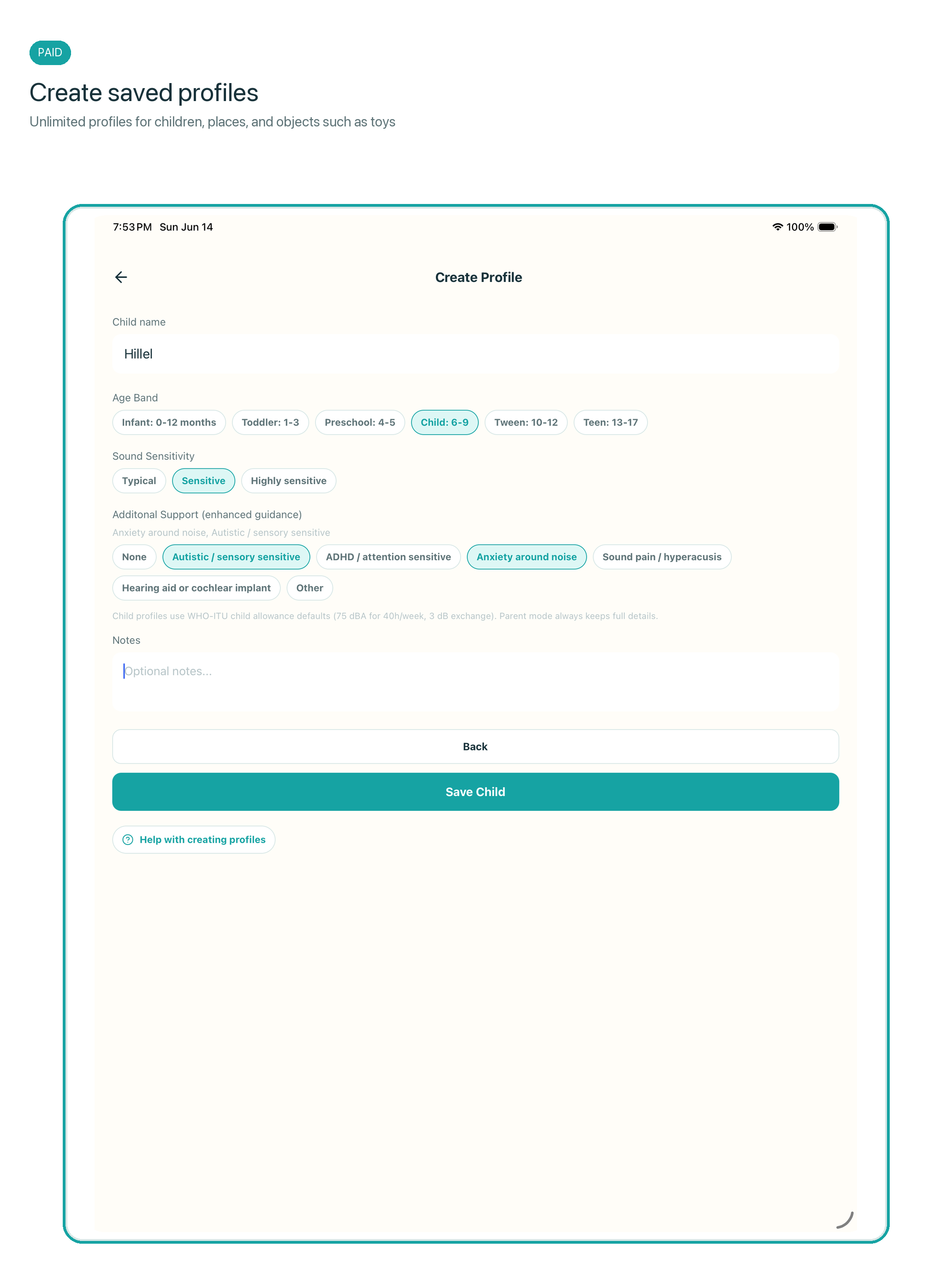 SoundSafe Kids profile creation iPad screenshot