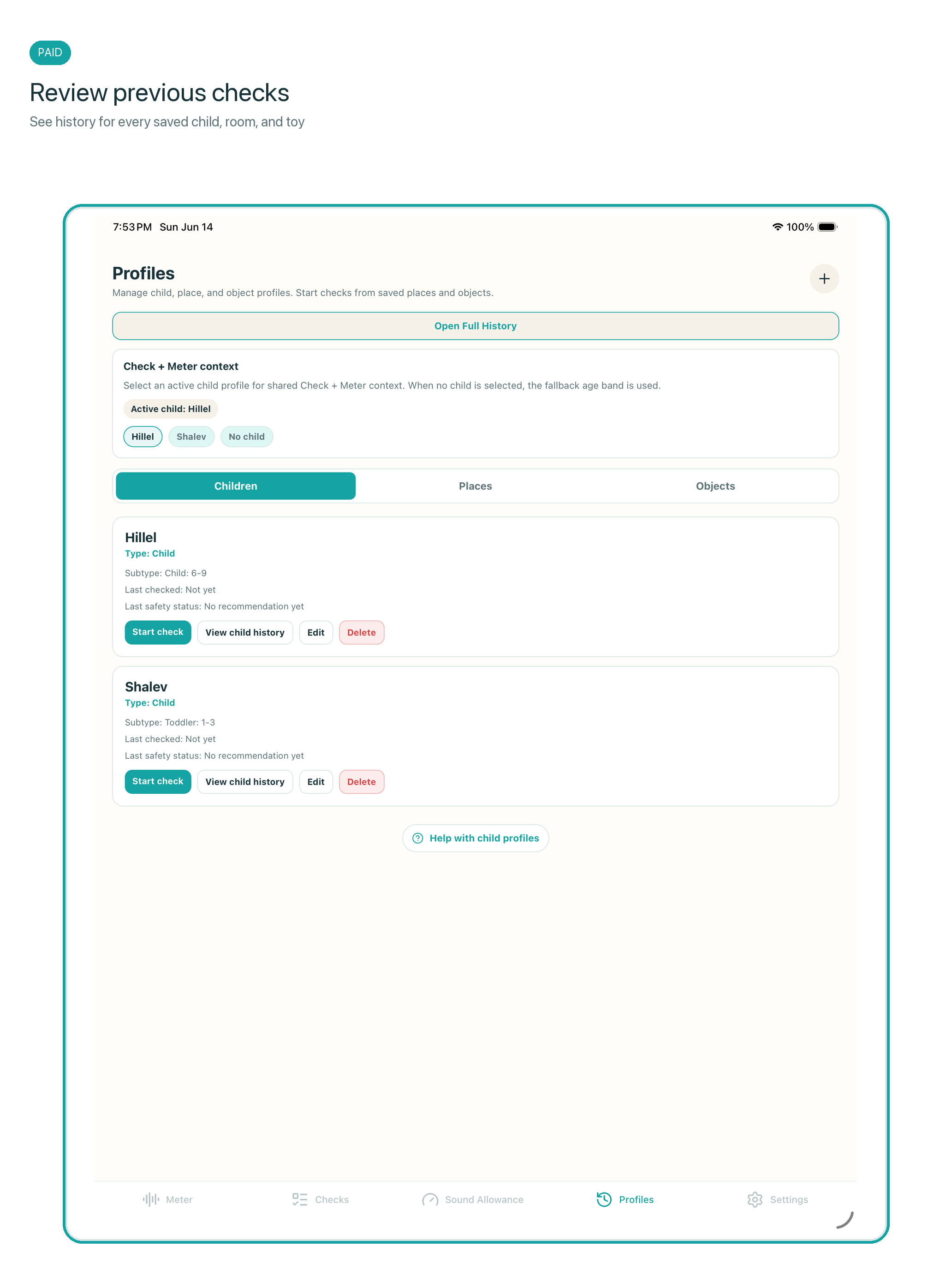 SoundSafe Kids profile view iPad screenshot