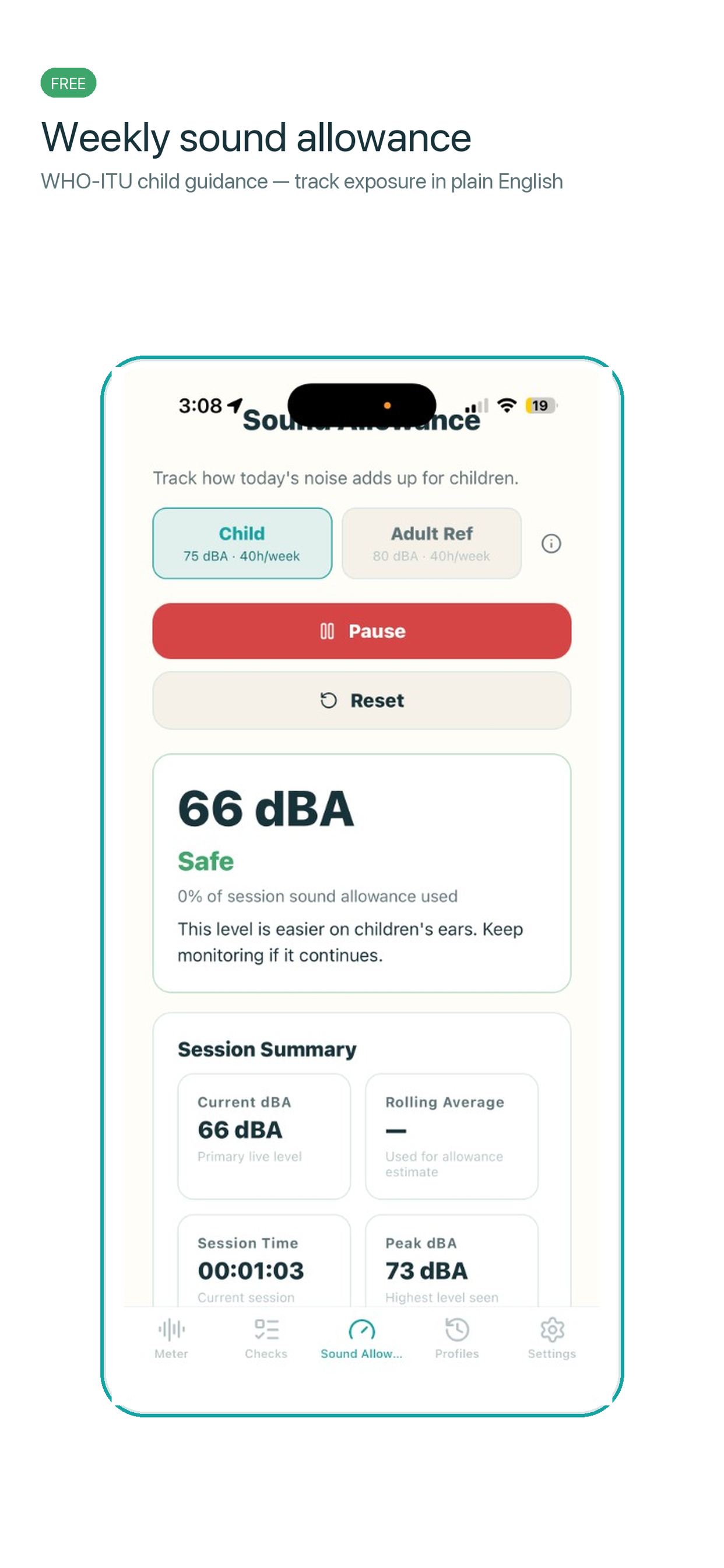 SoundSafe Kids weekly sound allowance screenshot