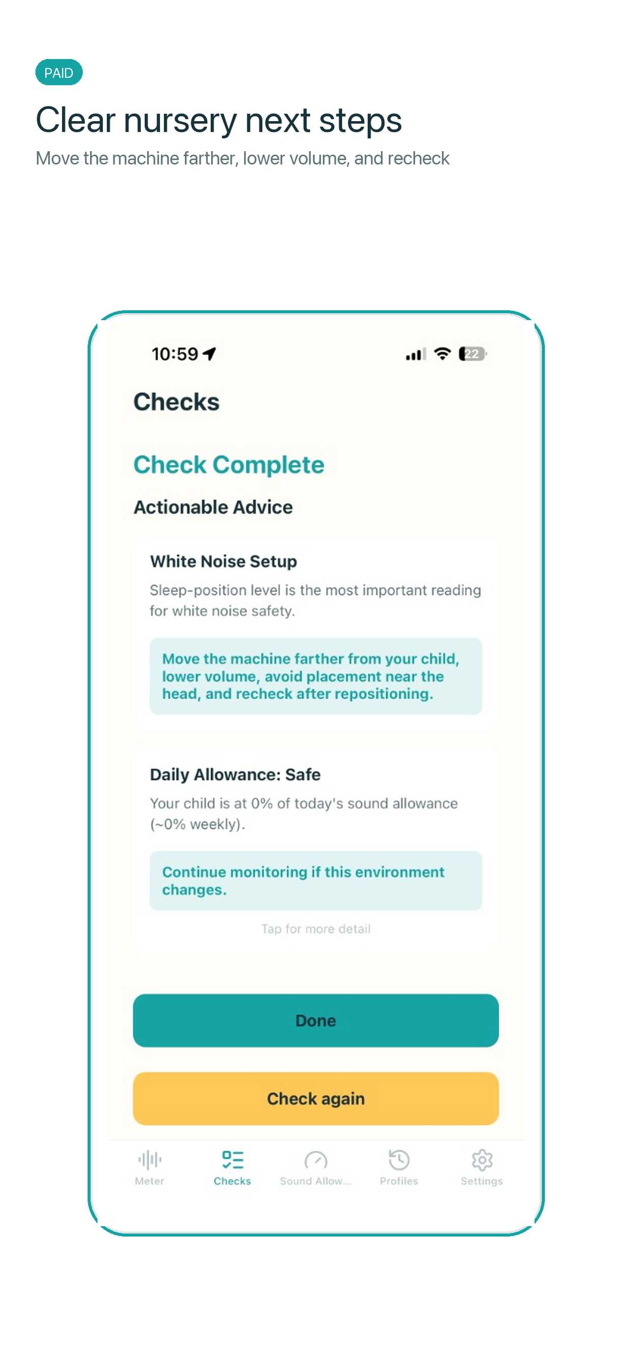 SoundSafe Kids white noise setup advice screenshot