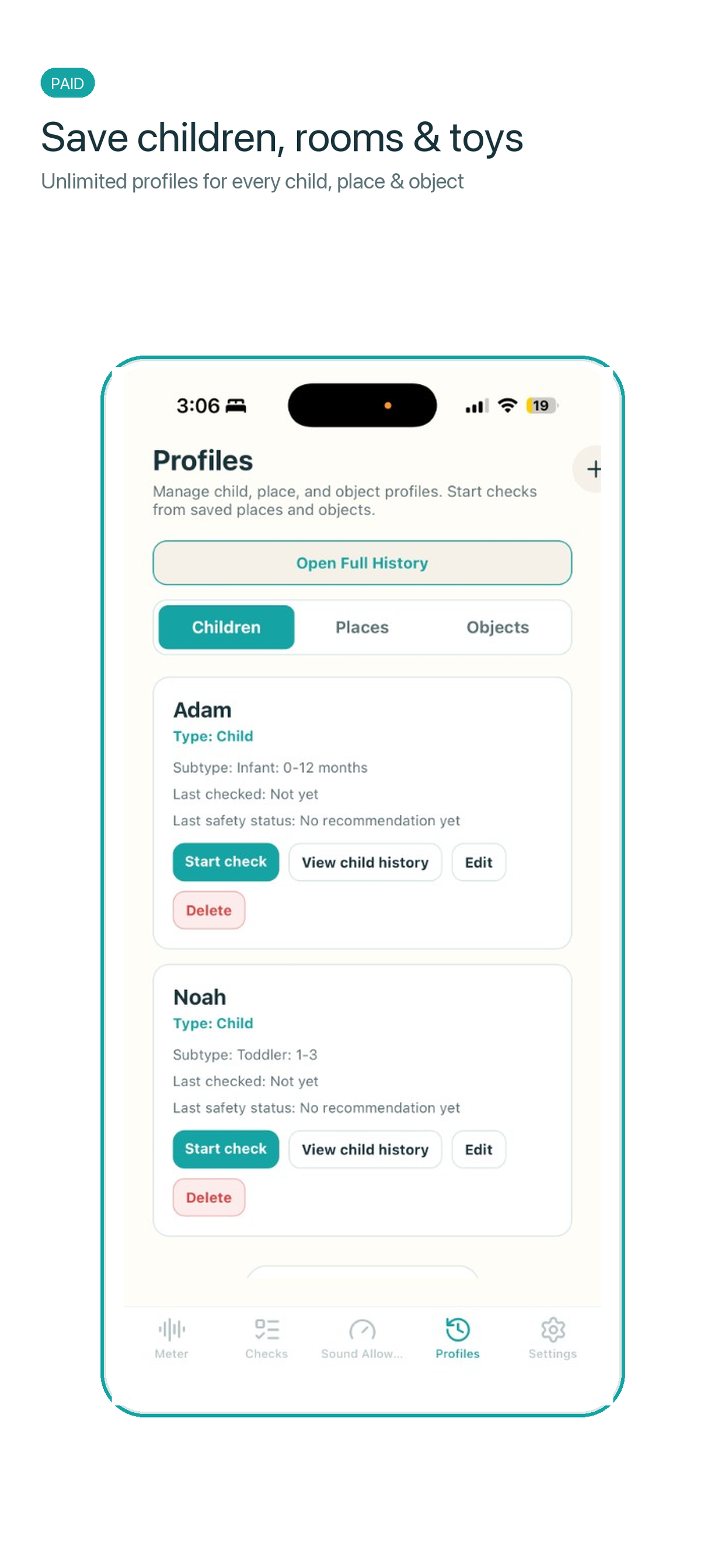 SoundSafe Kids saved child profiles screenshot